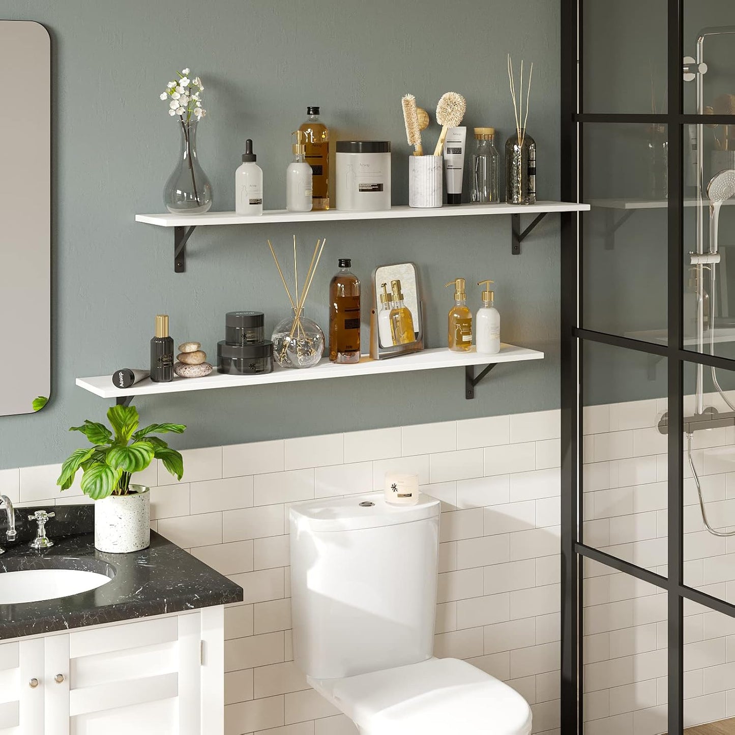 DINZI LVJ Long Wall Shelves, 47.3Inch Wall Mounted Shelves Set of 2, Extra Large Wall Storage Ledges with Sturdy Metal Brackets for Living Room, Bathroom, Bedroom, Kitchen, White