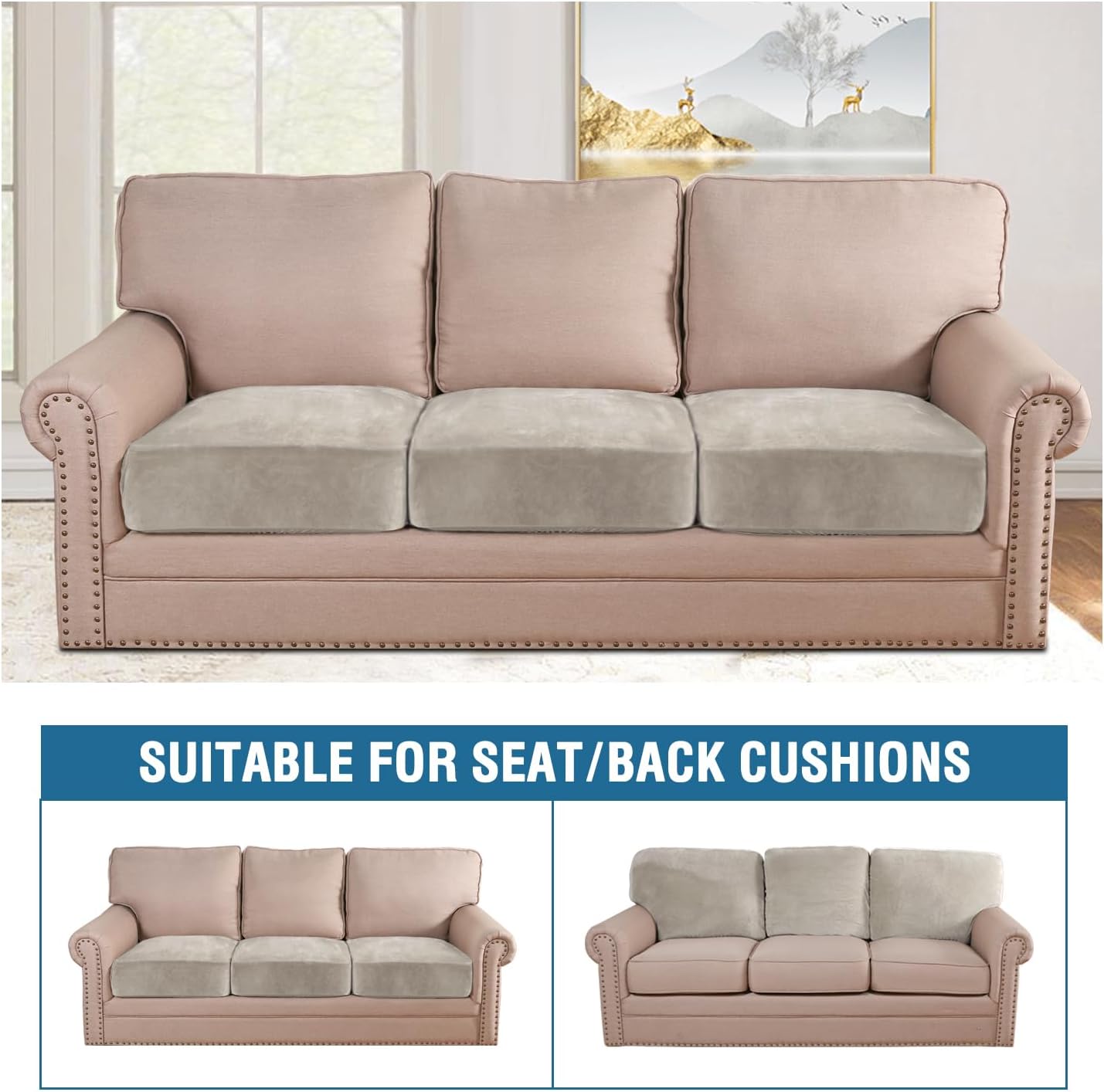 H.VERSAILTEX Velvet Stretch Couch Cushion Cover Plush Cushion Slipcover for Chair Loveseat Sofa Cushion Furniture Protector Seat Cushion Sofa Cover (3 Piece XL Sofa Cushion Covers, Oatmeal)