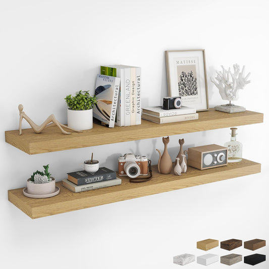 RICHFOCUS 55Inch Floating Shelves for Wall 2 Pack Shelves for Bedroom|Kitchen|Bathroom Wall Mounted Rustic Wood Floating Shelf with Invisible Brackets for Books|Storage|Decor, Oak