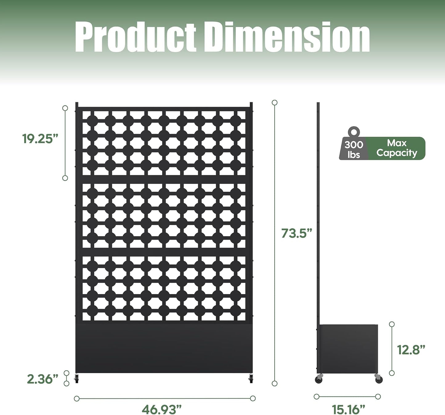 Metal Planter Box with Trellis Privacy Screen, Raised Garden Bed with Dots Trellis & Wheels, Privacy Planters for Patio, Planter Box for Climbing Plants, Flower, 73"x 47"x 16", Black