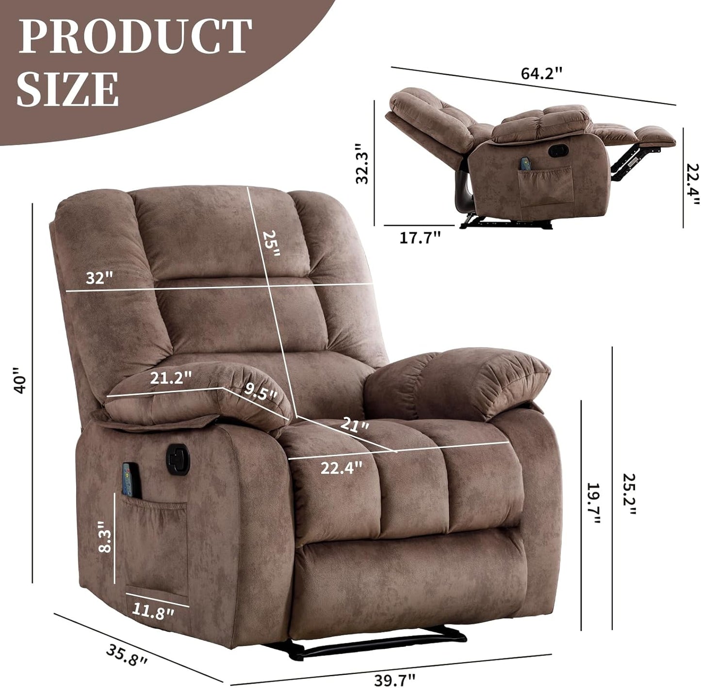 Massage Recliner Chair with Heat and Massage, Soft Fabric Ergonomic Manual Reclining Chairs, Heavy Duty Reclining Sofa Chair with Side Pockets for Living Room (Tan)