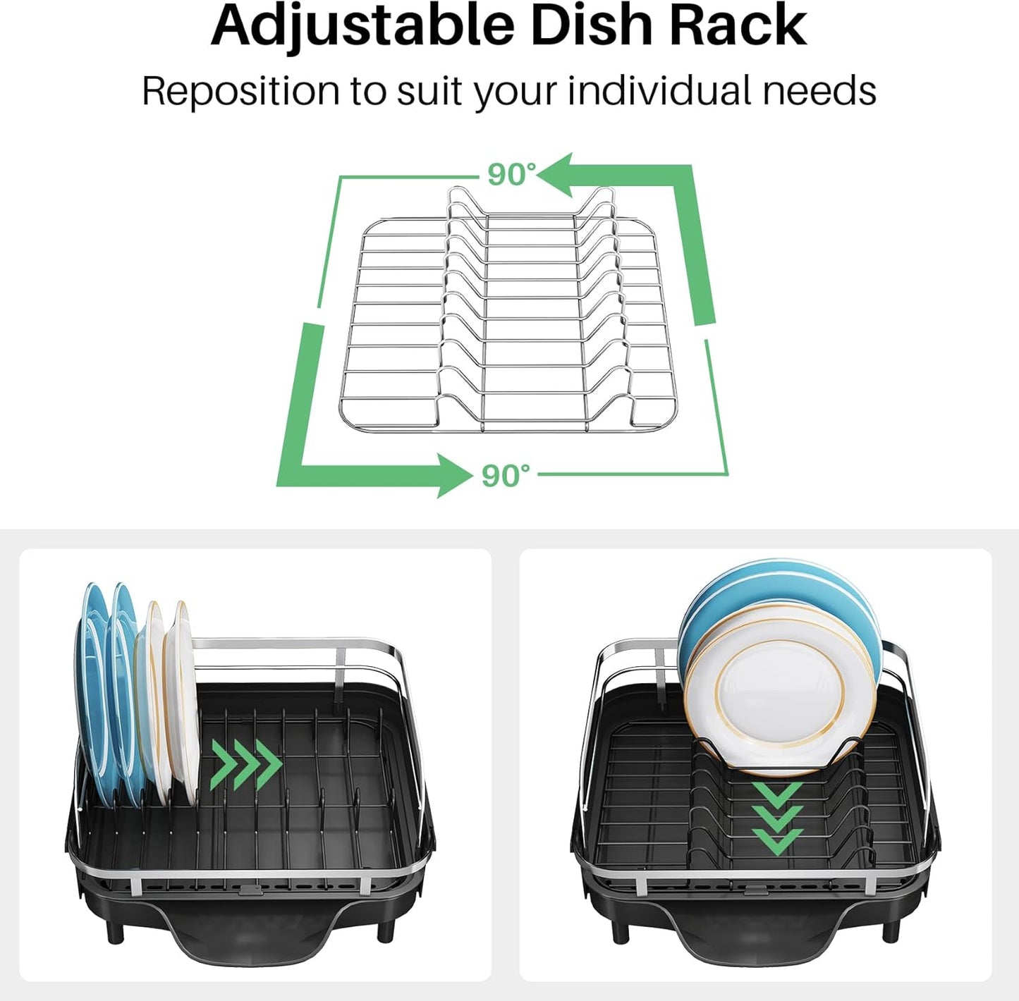 Dish Drying Rack, Expandable Dish Rack for Kitchen Counter, Stainless Steel Dish Drainer with Drainboard Set and Utensil Holder (Black)