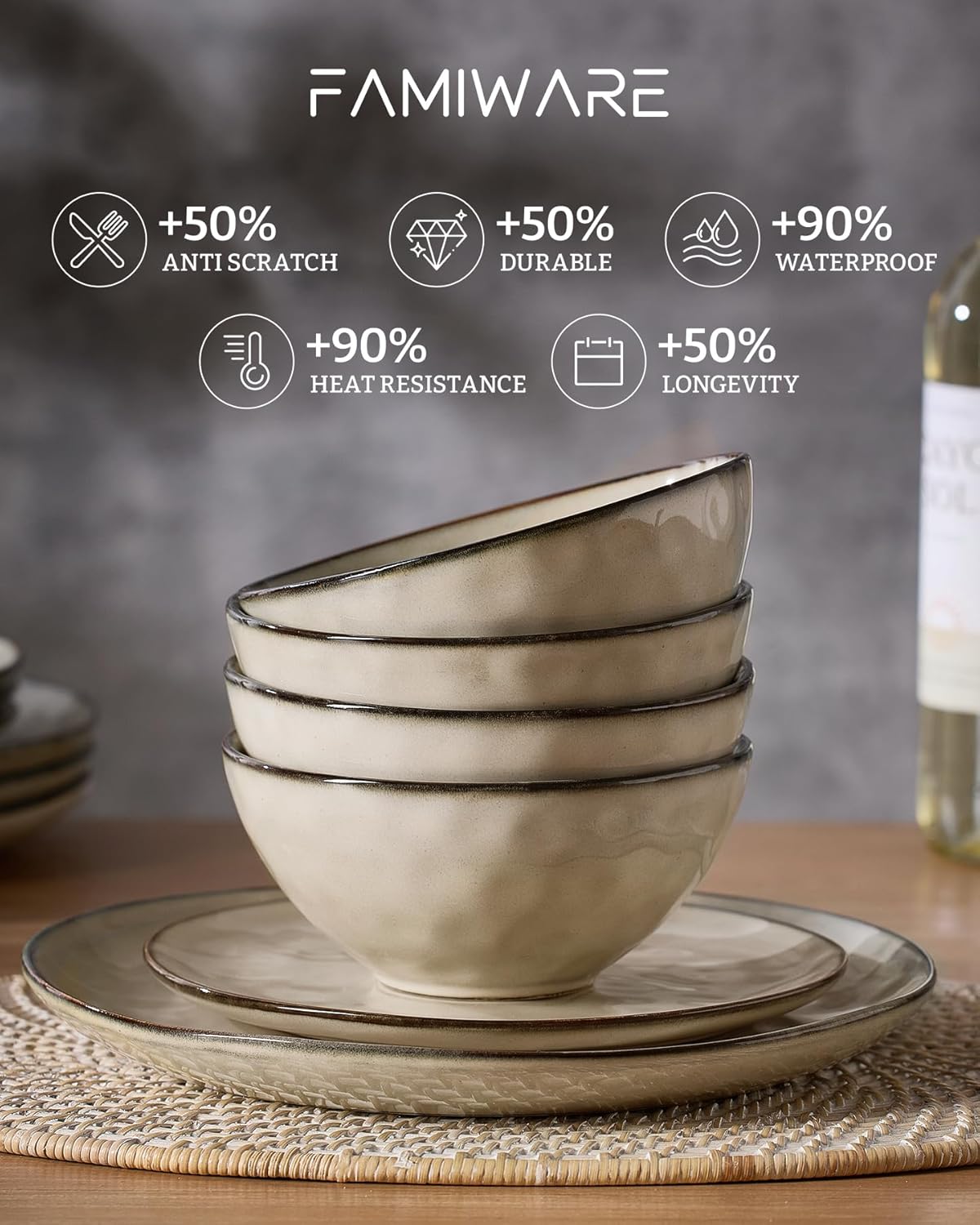 Famiware Dinnerware Sets for 6, Ocean Round 18-Piece Kitchen Plates and Bowls Sets, Microwave and Dishwasher Safe, Scratch Resistant, Light khaki