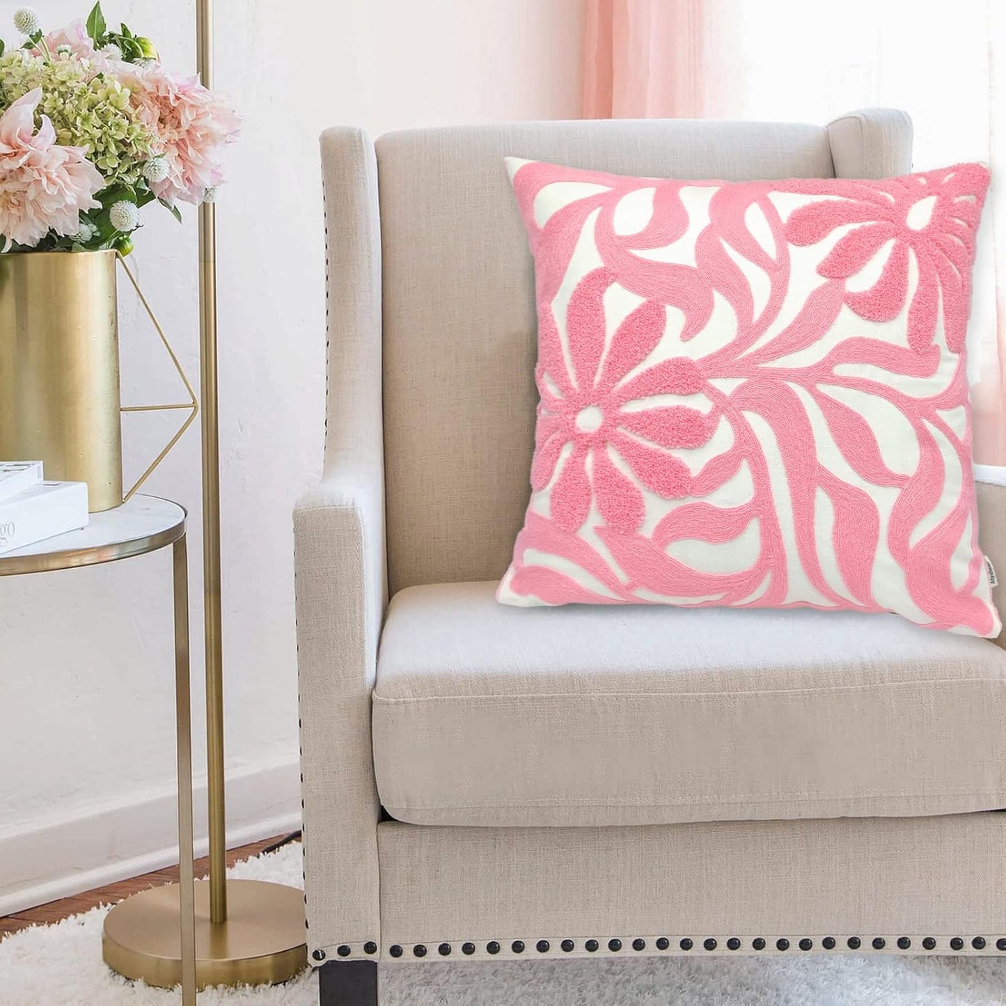 Alysheer Farmhouse Floral Leaves Embroidered Decorative Throw Pillow Cover 18x18 inches, Boho Tufted Flowers Embroidery Pattern Chic Cotton Cushion Case for Couch Bed Sofa Living Room(Light Pink)