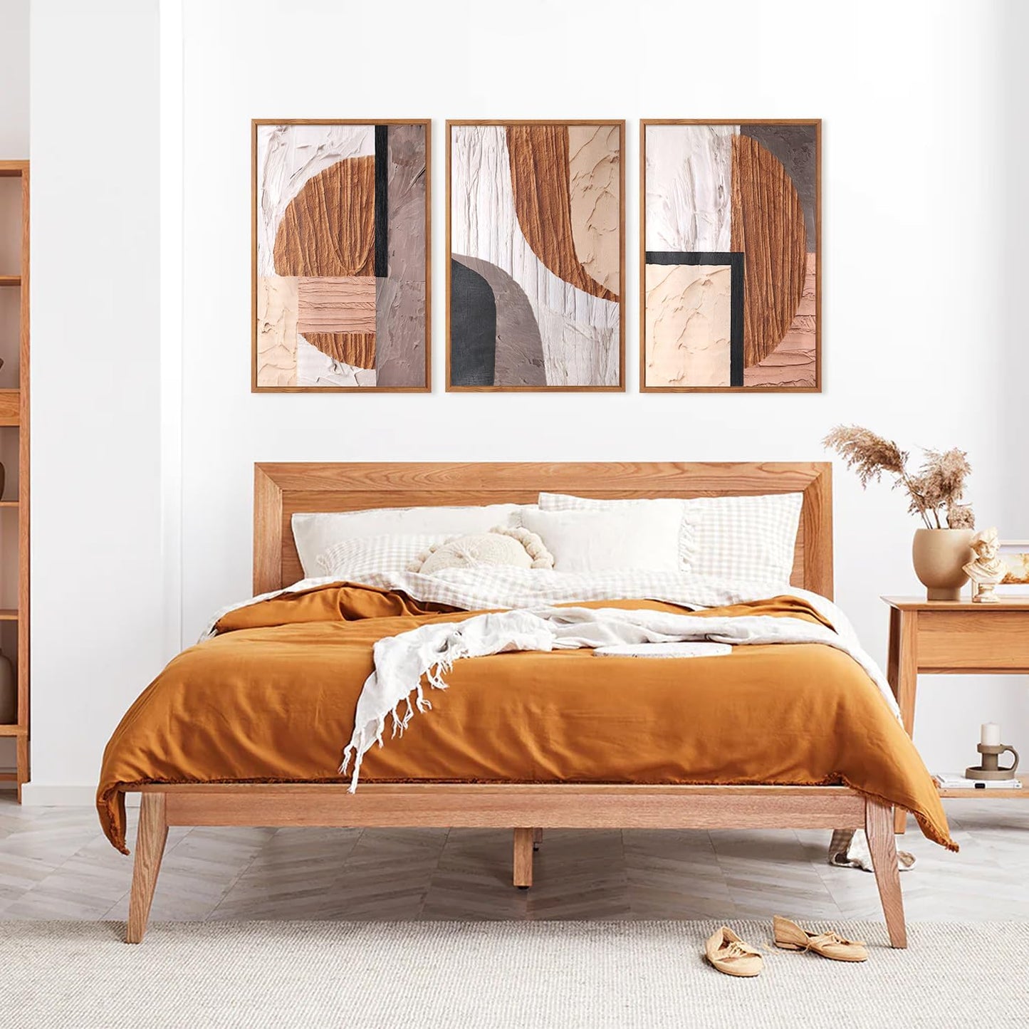 Aurlan Neutral Abstract Oval Rectangular Framed Wall Art(16"x24"), 3 PCS Minimalist Black Beige Brown Gray 3D Textured Canvas Artwork, Large Modern Geometric Illustration Art Wall Decor for Office Living Room Bedroom