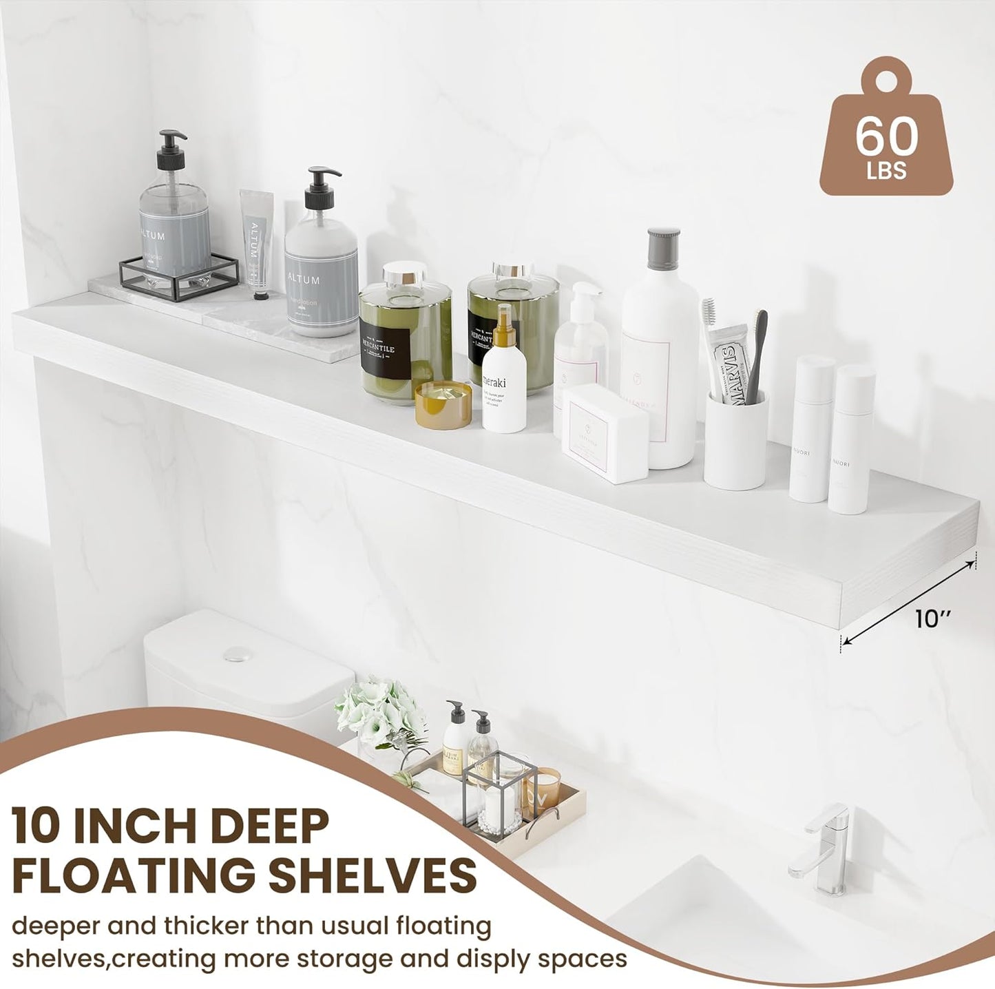 Fun Memories 55 Inch Fireplace Mentel Shelf, 10 Inch Deep Shelves for Display & Wall Storage, Rustic Wood Wall Shelf, Extra Long Floating Shelves for Living Room Laundry Room, White, Set of 1