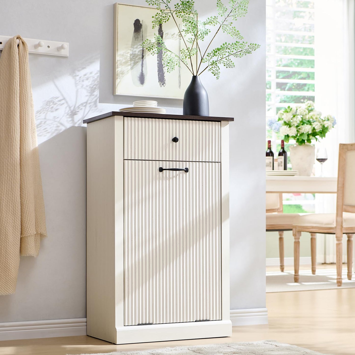 Modern Tilt-Out Trash Can Cabinet, 10 Gallon Fluted Laundry Hamper Cabinet with Drawers, Wooden Hidden Garbage Can Cabinets with Storage Basket, Free Standing for Kitchen and Living Room, White
