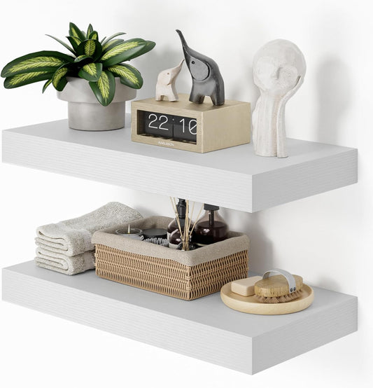 Heimlove 12" Deep White Floating Shelves for Wall, 24 Inch Wall Shelf Bathroom Shelves Set of 2, Wall Mounted Shelves for Books Living Room Laundry Room Bedroom Kitchen Home Office