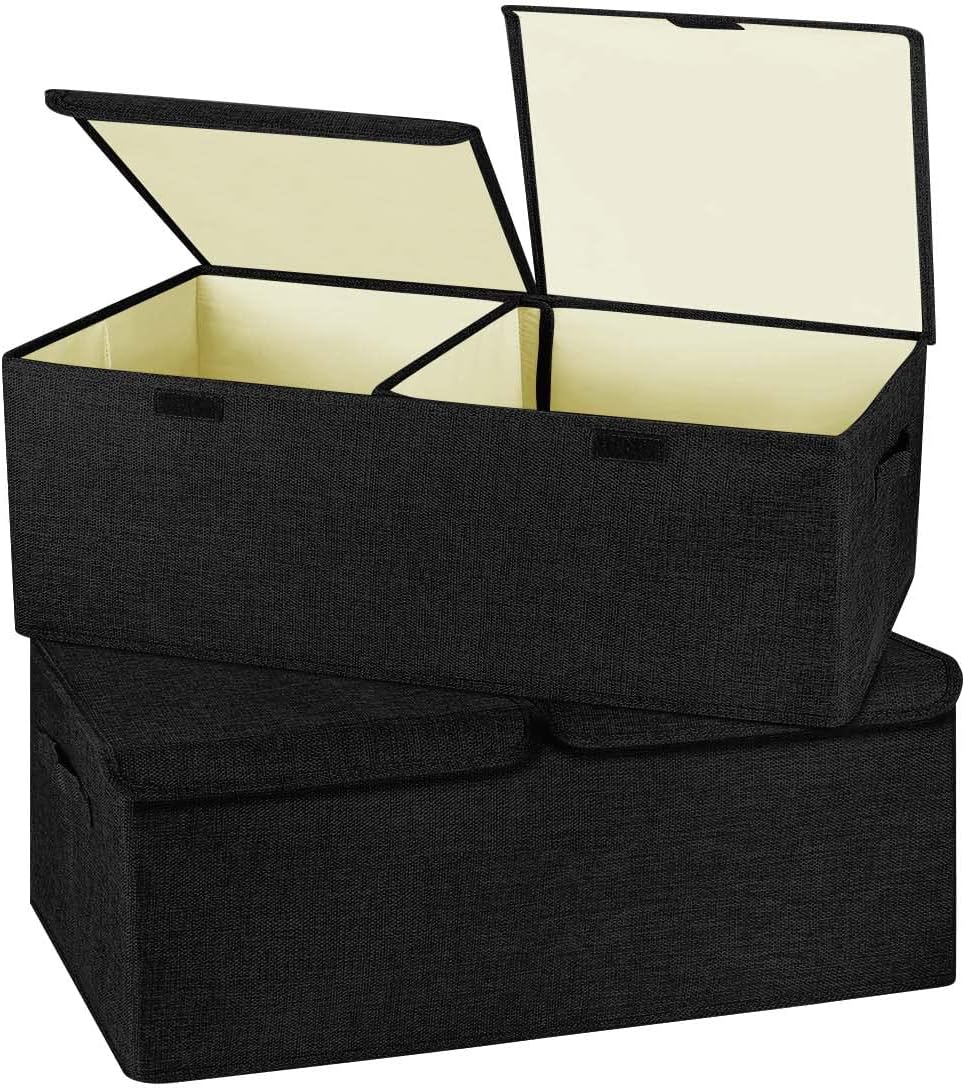2 Pack Large Linen Fabric Collapsible Storage Bins with Lid and Handles, Washable Storage Box Baskets Cube with Removable Divider for Bedroom,Closet,Office,Living Room,Nursery (Black, Small)