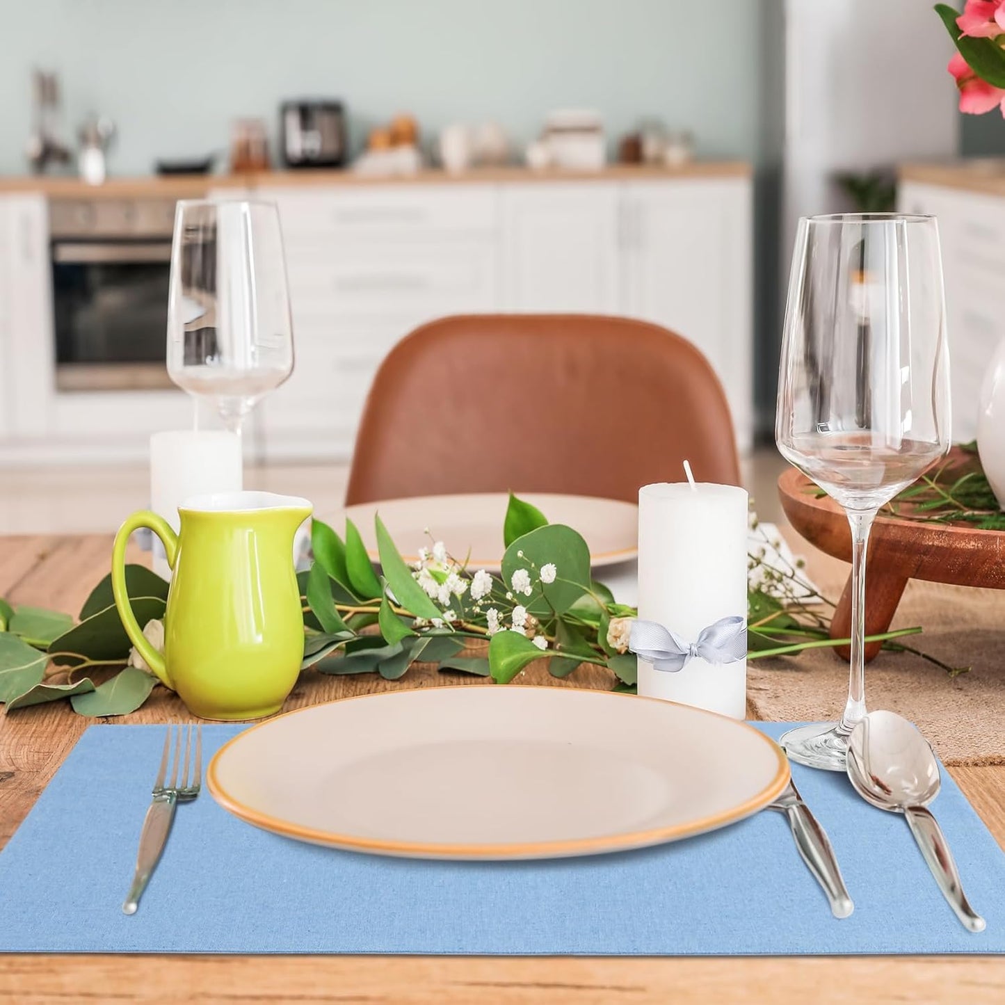 MANSPHIL Light Blue Placemats Set of 6 Double Layer Faux Linen Table Place Mats Heat Resistant Washable Cotton Cloth for Dining Kitchen - 13x19 Inch