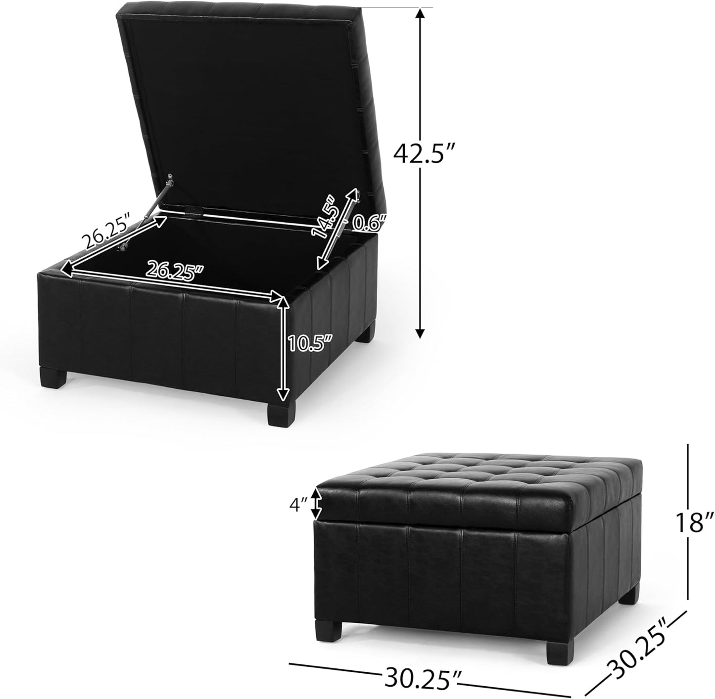 Christopher Knight Home Faux Leather Storage Ottoman Square Ottoman End of Bed Ottoman Cube for Bedroom Entryway Foot Rest Stool with Hinged Lid 30.25" x 30.25" x 18", Black