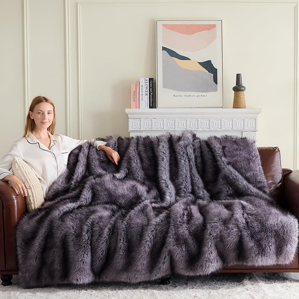 Fluffy Faux Fur Throw Blanket – Super Soft Warm Thick Plush Blanket for Bed, Couch & Office, Cozy Fuzzy Throw with Flannel Backing,60"x80", Grey
