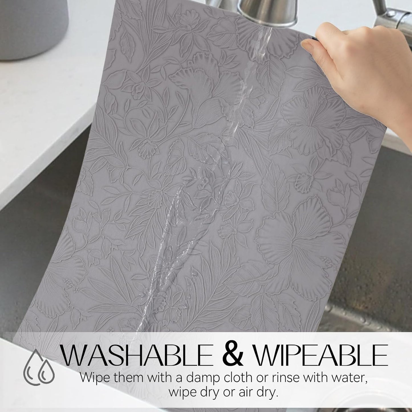 Romanstile Vinyl Placemats Set of 6-12 X 18 Inch - Heat Resistant Non-Slip Embossed Floral Place Mats 100% Waterproof Oilproof Wipeable Faux Leather Table Mats for Kitchen/Dining/Party, Grey