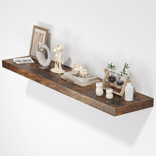 Floating Shelves for Wall, 48"W x 9.3"D x 1.5"H, Wooden Wall Mounted Display Shelf with Invisible Brackets for Living Room, Bedroom, Bathroom, Kitchen Decor and Storage, Set of 1, Rustic Brown