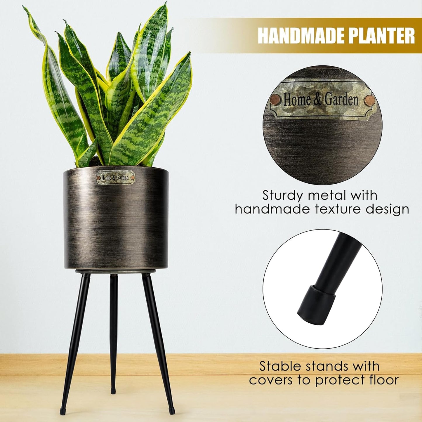 Harvest Land Plant Pots with Stand, Set of 2 Large Modern Planters Metal Tall Handmade Flower Pots with Drainage Holes Indoor Outdoor,Black