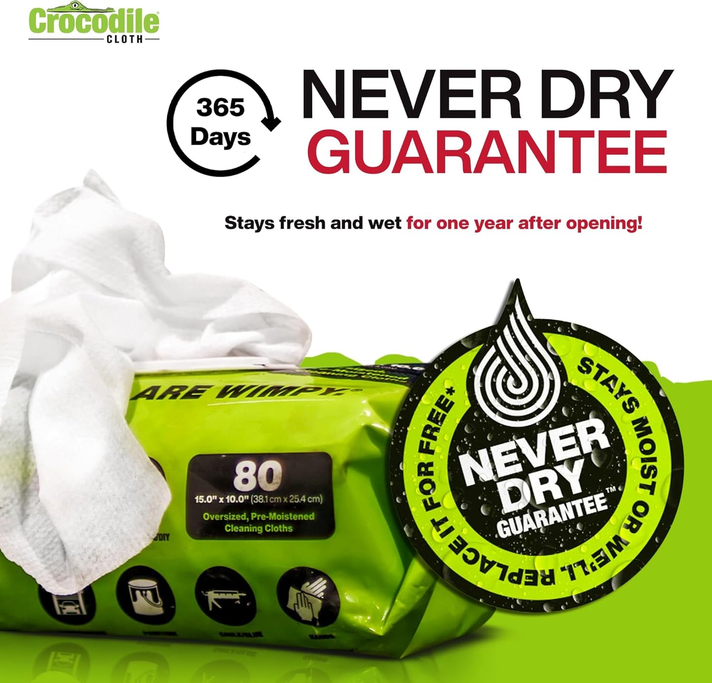 Crocodile Cloth PowerScrub - 80 Dual Surfaced Cloths, 10in X 15in. Large, Moist, Absorbent and Disposable Cleaning Cloths. Safe on Skin and Multiple Surfaces. (6500-080)