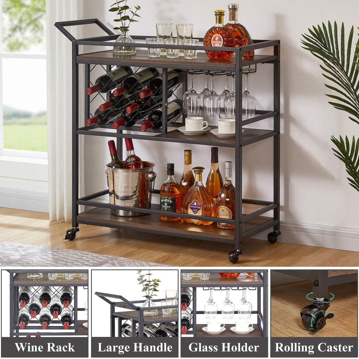 FATORRI Bar Cart for The Home with Wine Rack and Glasses Holder, Small Home Bar Serving Cart on Wheels for Liquor and Alcohol (Walnut Brown)