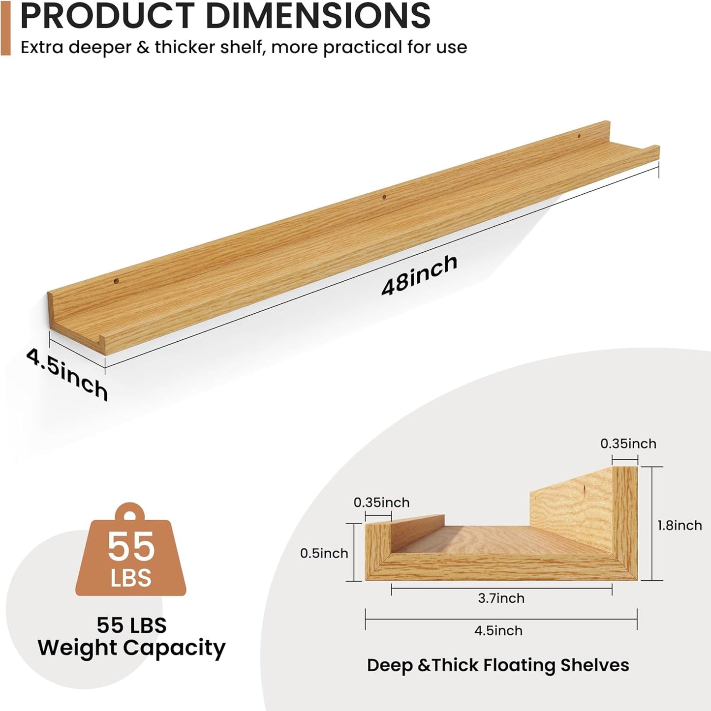 Fun Memories Picture Ledge Shelves Set of 2, 48 Inch Rustic Wall Mounted Floating Shelves with Lip for Home Storage and Décor in Bathroom, Kitchen, Nursery, Bedroom, Living Room, Oak