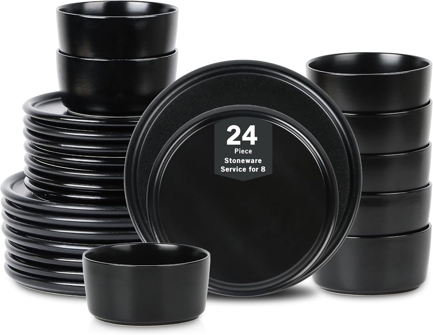 Stone Lain Eden 24-Piece Dinnerware Set Stoneware, Plates and Bowls Set, Dishwasher and Microwave Safe Dish, Dish Set for 8, Black