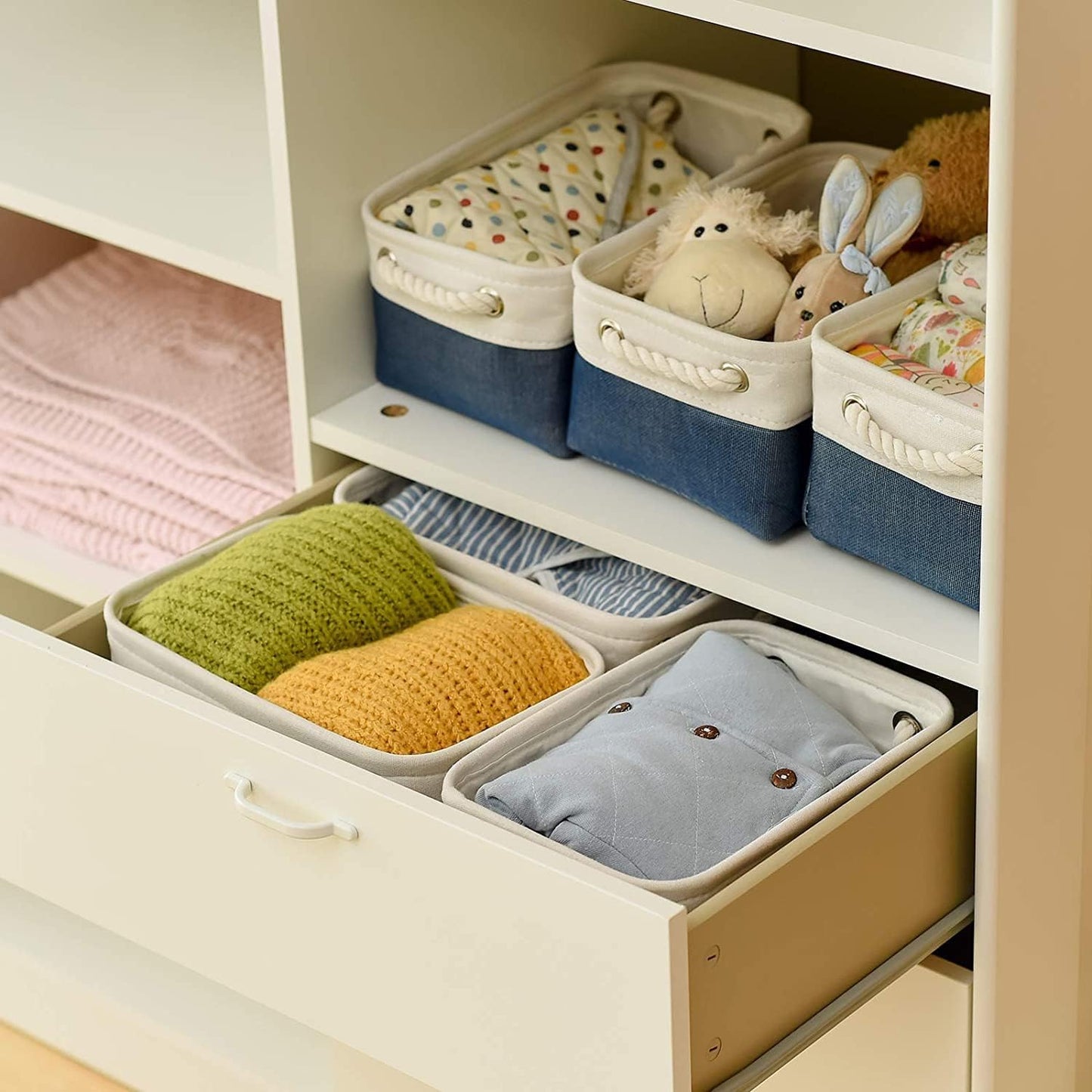 TheWarmHome Storage Basket for Organizing - Small 12x8x5.2 inch 6 Pack Collapsible Storage Bin for Shelves, Canves Storage Cubes for Organizer Cloth Box Gift Toys Closet (White & Jean Blue)