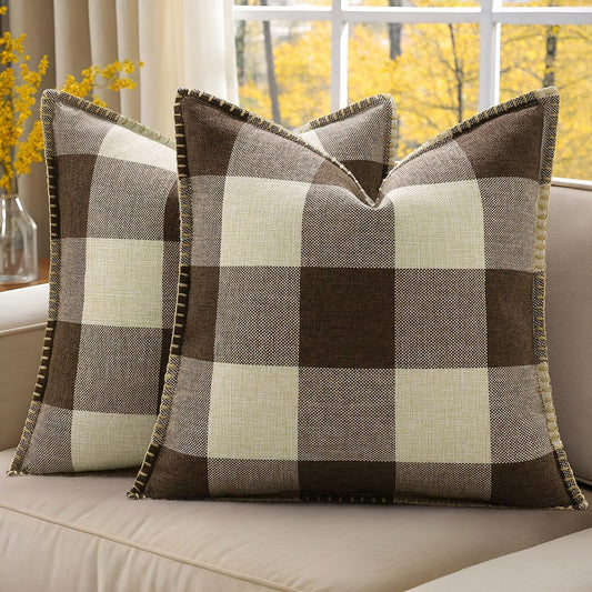 decorUhome Buffalo Plaid Check Throw Pillow Covers 16x16 Set of 2, Outdoor Decorative Farmhouse Neutral Pillow Covers with Stitched Edge for Bed Couch Sofa, Brown and Beige