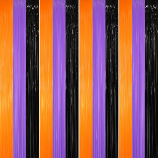 GOER 3.2 ft x 8.2 ft Metallic Tinsel Foil Fringe Party Backdrop for Halloween Birthday Graduation New Year's Party Decorations(4 Packs,Black&Orange&Purple)