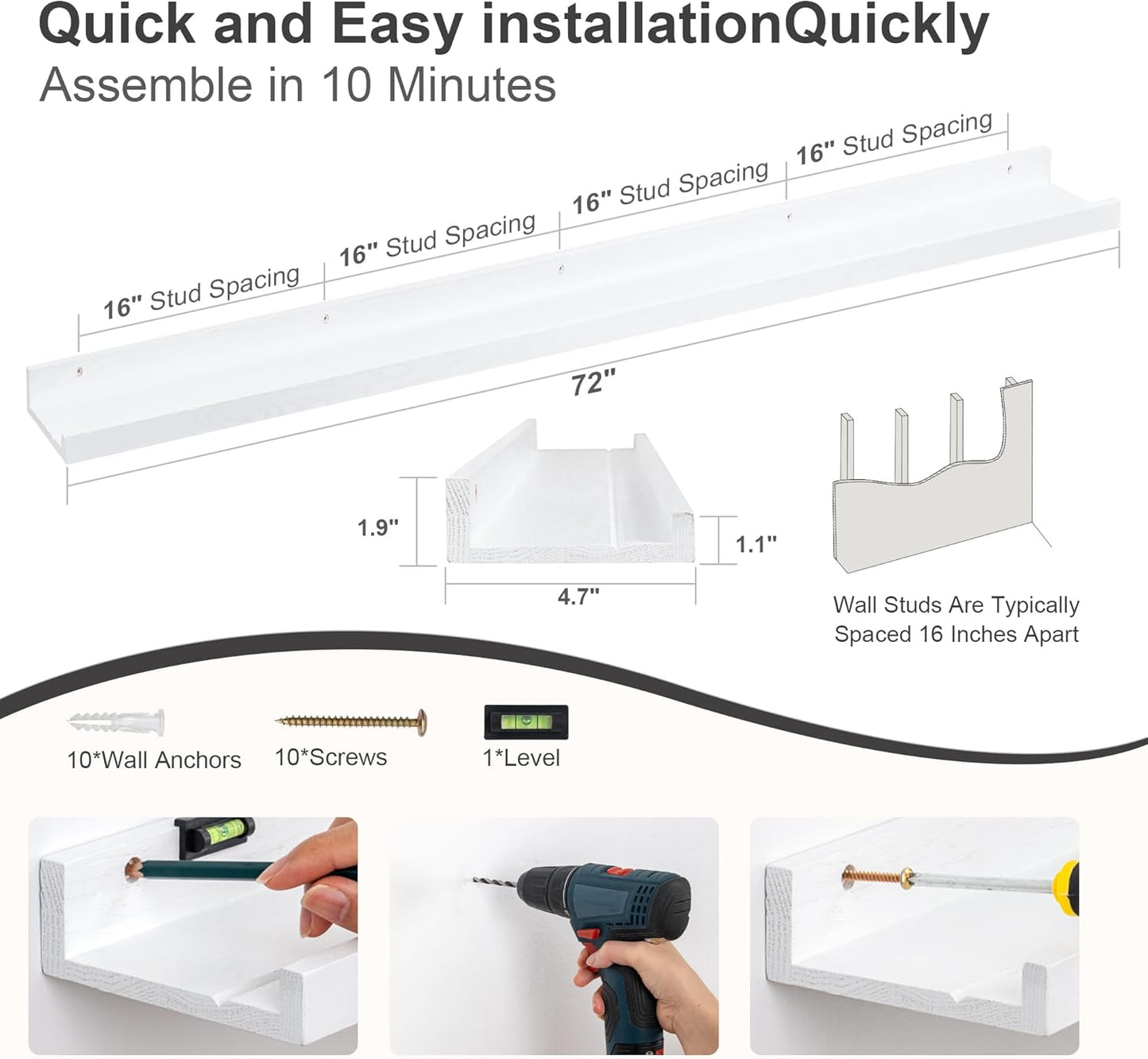 Floating Picture Ledge Shelves 72 Inch Solid Oak Wood Set of 2, Rustic Wall Storage Shelves with Lip, Kids Bookshelf, Photo & Picture Ledge Shelves for Bedroom, Living Room, Kitchen