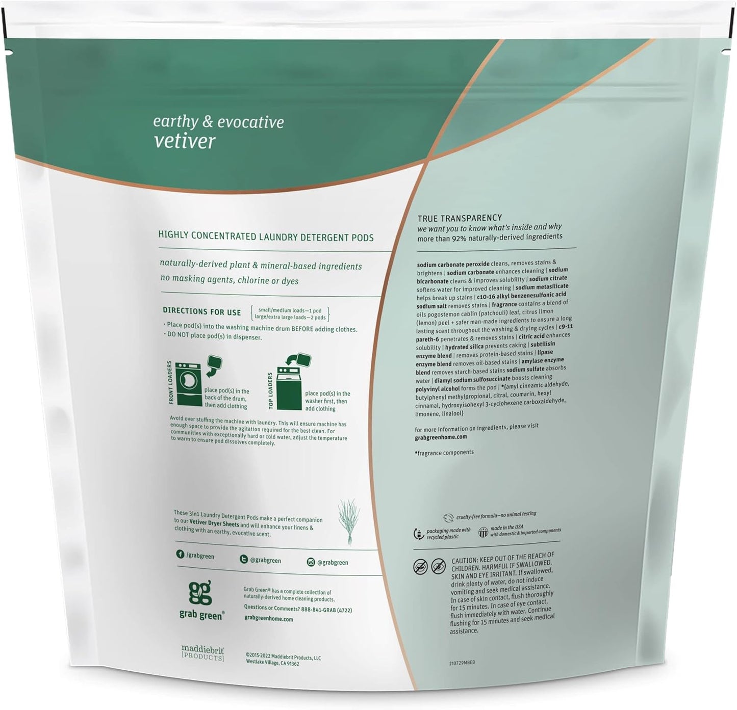 Grab Green 3-in-1 Laundry Detergent Pods, 132 Count, Vetiver Scent, Plant and Mineral Based, Superior Cleaning Power, Stain Remover, Brightens Clothes