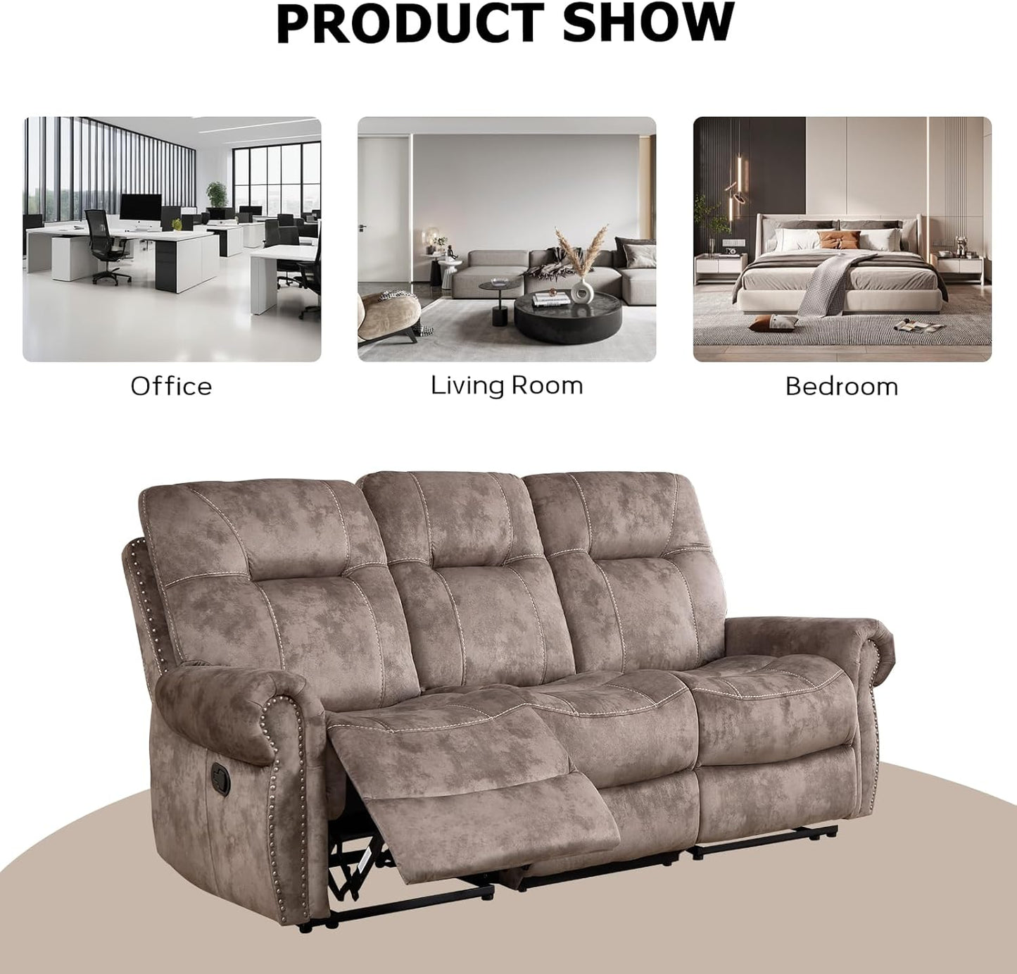 EBELLO 2 Pieces Reclining Couch Furniture Set for Living Room, 1 Seat Power Recliner and a 3 Seater Sofa, Vintage Rivet Mid-Century Design for Living Room, Brown