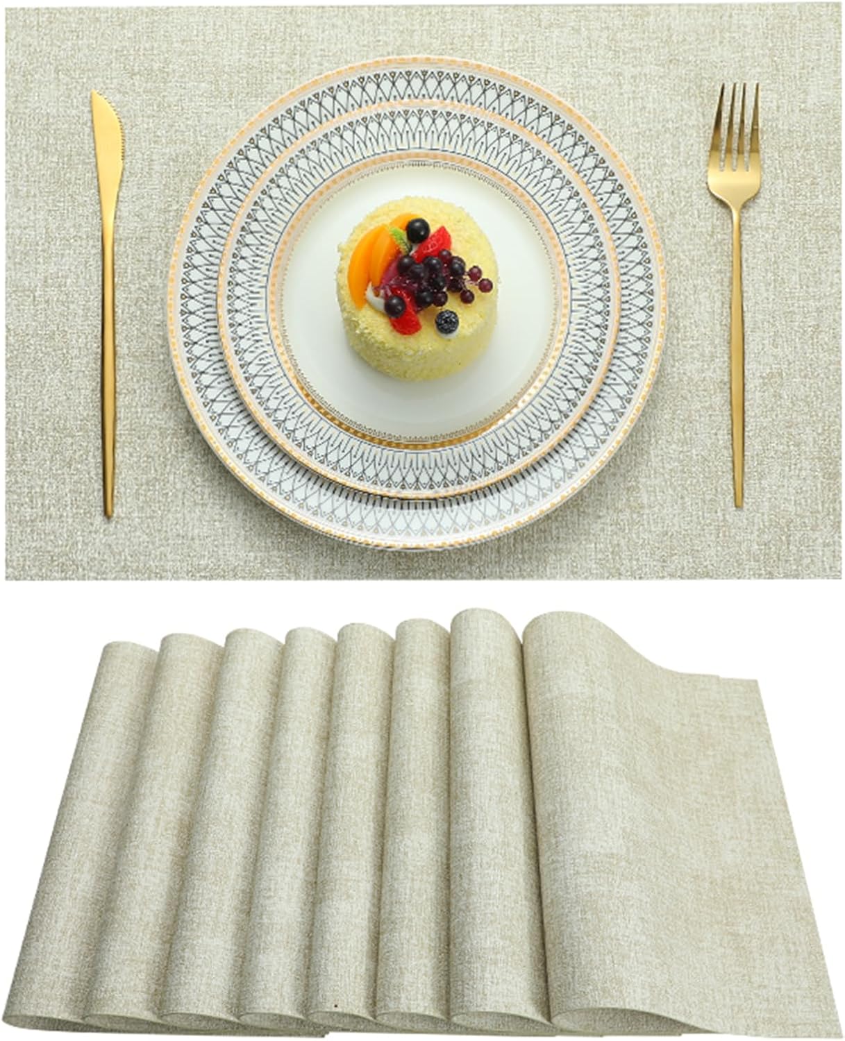Placemats Set of 8 Washable Heat Resistant Place Mats PVC Woven Dining Table Mat Beige 8pcs