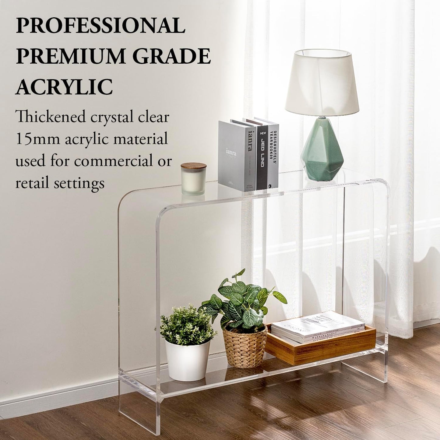 MyGift Premium 15mm Clear Acrylic Entryway Console Table with Bottom Display Shelf, 2 Tier Living Room Sofa Back Storage Shelves Modern Luxury Home Decor