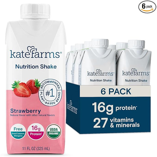 KATE FARMS Organic Nutrition Shake, Strawberry, 16g protein, 27 Vitamins 11 oz (6 Pack)