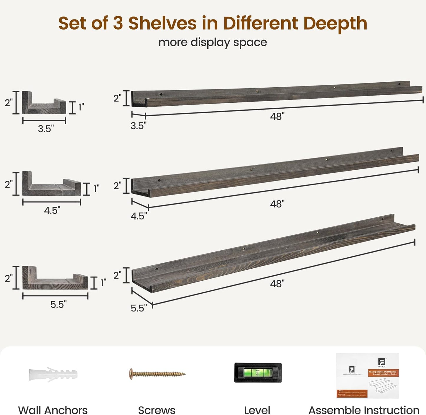 Picture Ledge Wall Shelves 48 Inches Width Set of 3, Solid Pine Wood Rustic Floating Ledge for Kids' Room Bedroom Kitchen Bathroom, Long Floating Shelves for Wall Decor, Grey