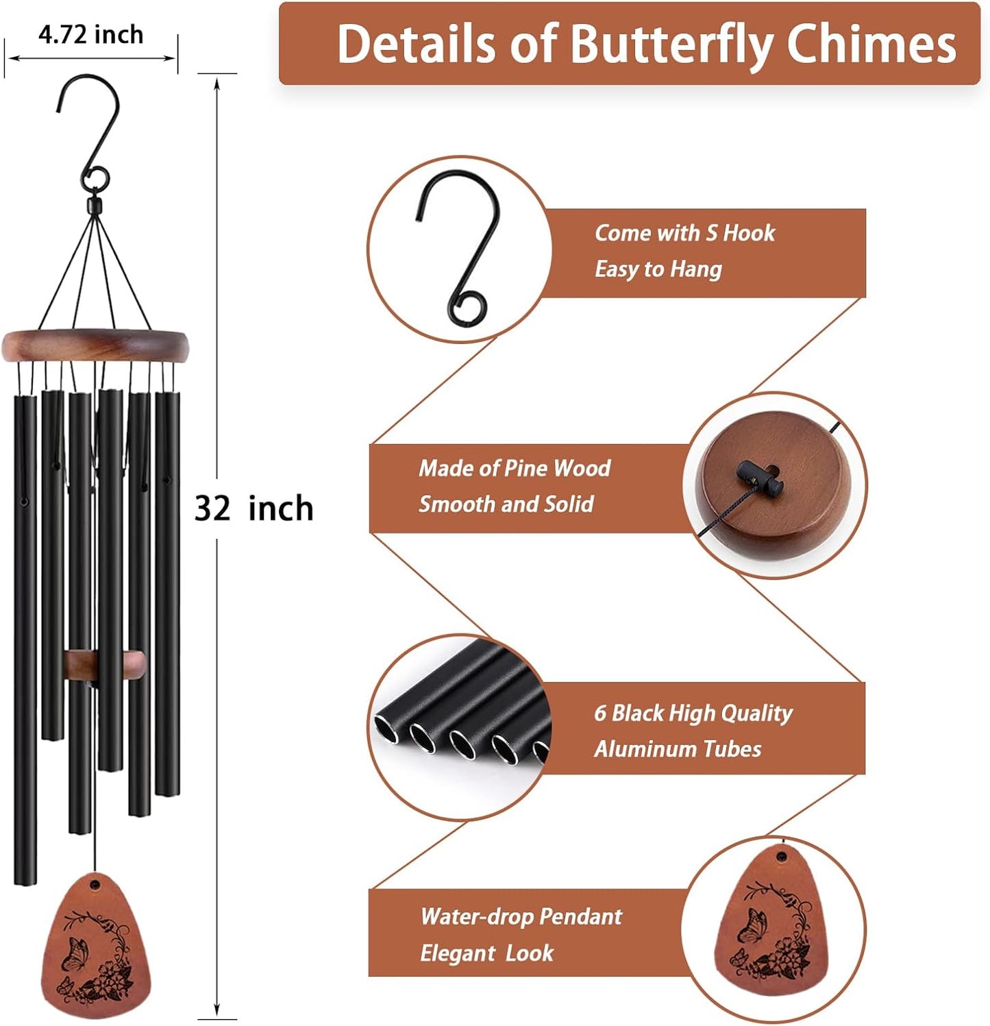 Wind Chimes for Outside, 32" Butterfly Windchime for Outdoor, Butterfly Gifts for Women Mom Sister, Garden Patio Gift Ideas for Friend Co-Worker (Black)