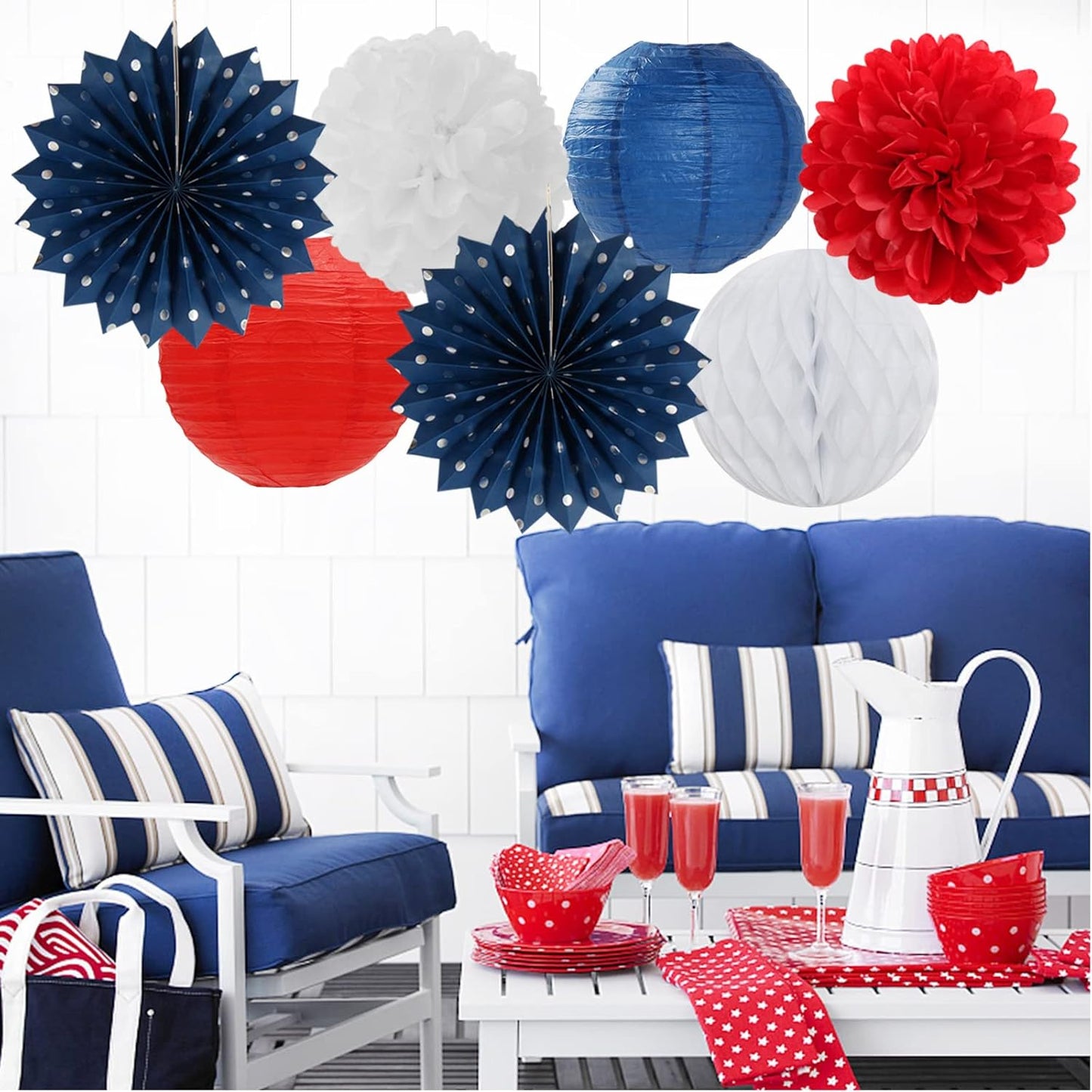 Fourth-4th of July-Imemorial Party-Decorations Lanterns - 14pcs Red White Blue Graduation Paper Streamers Fan,Tissue Pom Poms Streamer,Honeycomb Balls,USA Patriotic America Independence Decor Ouruola