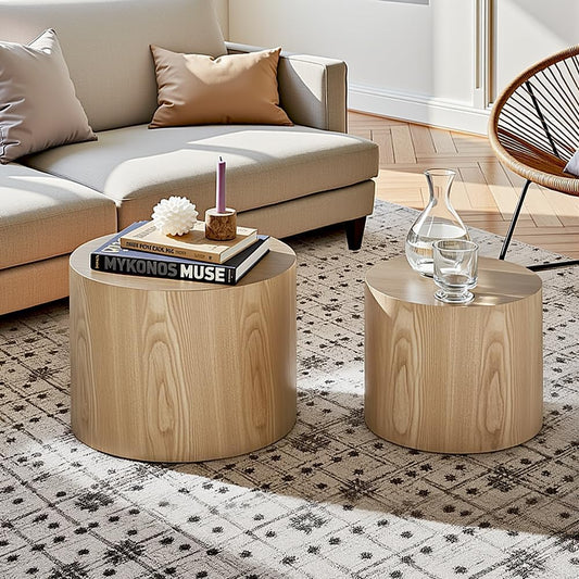 Nesting Coffee Table Set of 2, Modern Round Coffee Table with Non-Slip Feet, Oak Wooden Circle Accent Tables for Small Spaces Living Room Bedroom Balcony Office Drum Side Table