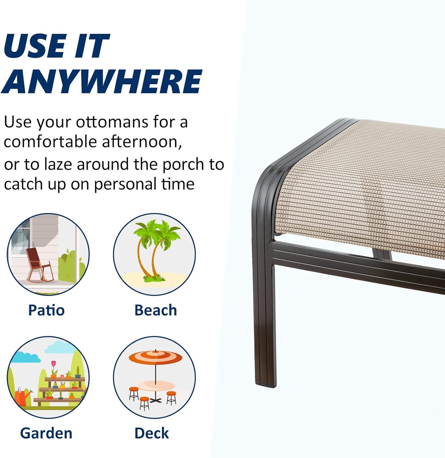 Outdoor Patio Ottoman Seat Textilene Portable Metal Footstool Portable Footrest Patio Chairs 2 Set Beige