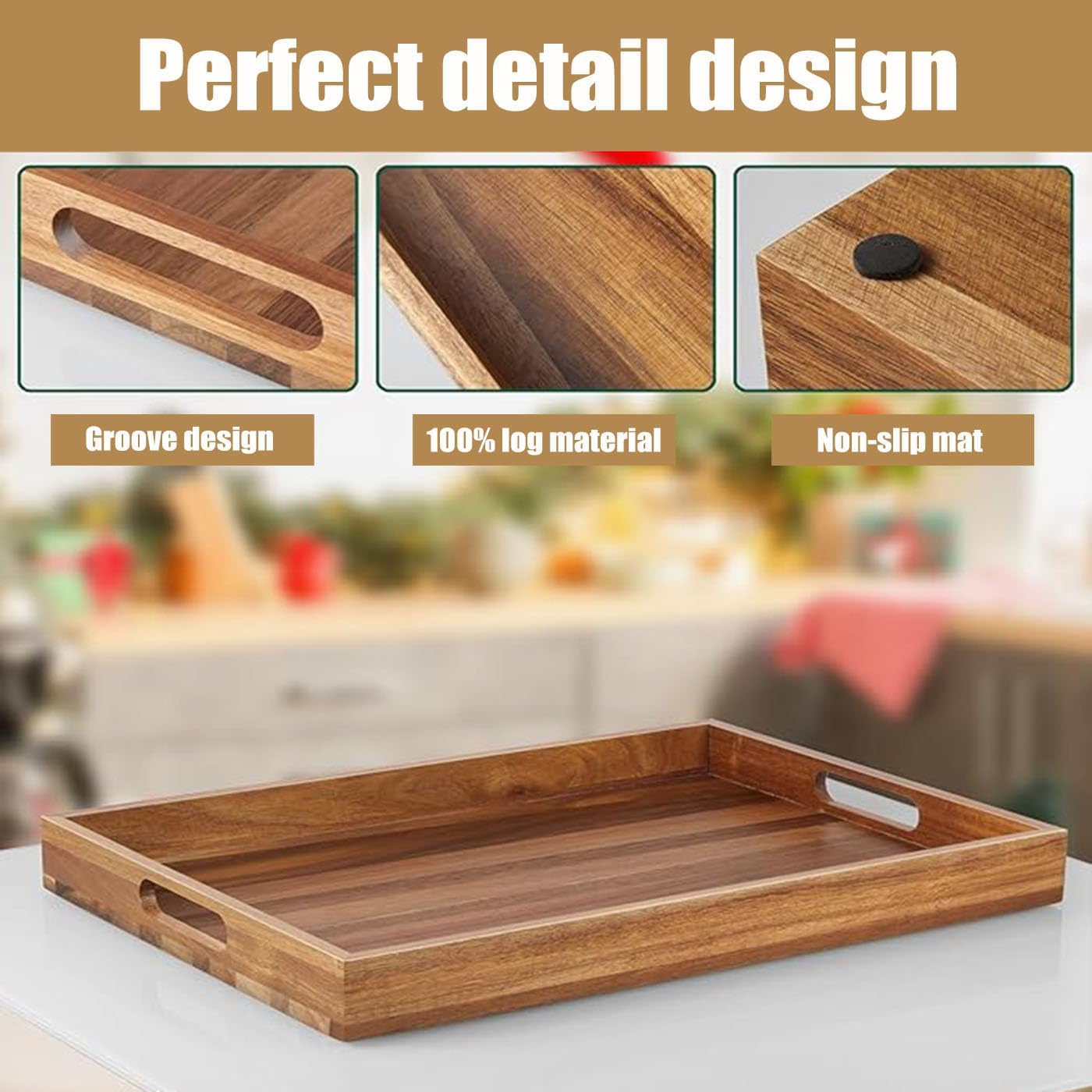 Acacia Wood Serving Tray with Handles - 17-Inch Large Wooden Tray for Ottoman - Perfect for Breakfast, Lunch, Dinner, Appetizers, Patio, Ottoman, Coffee Table,BBQ, Party – Great for Lap &Couch ﻿