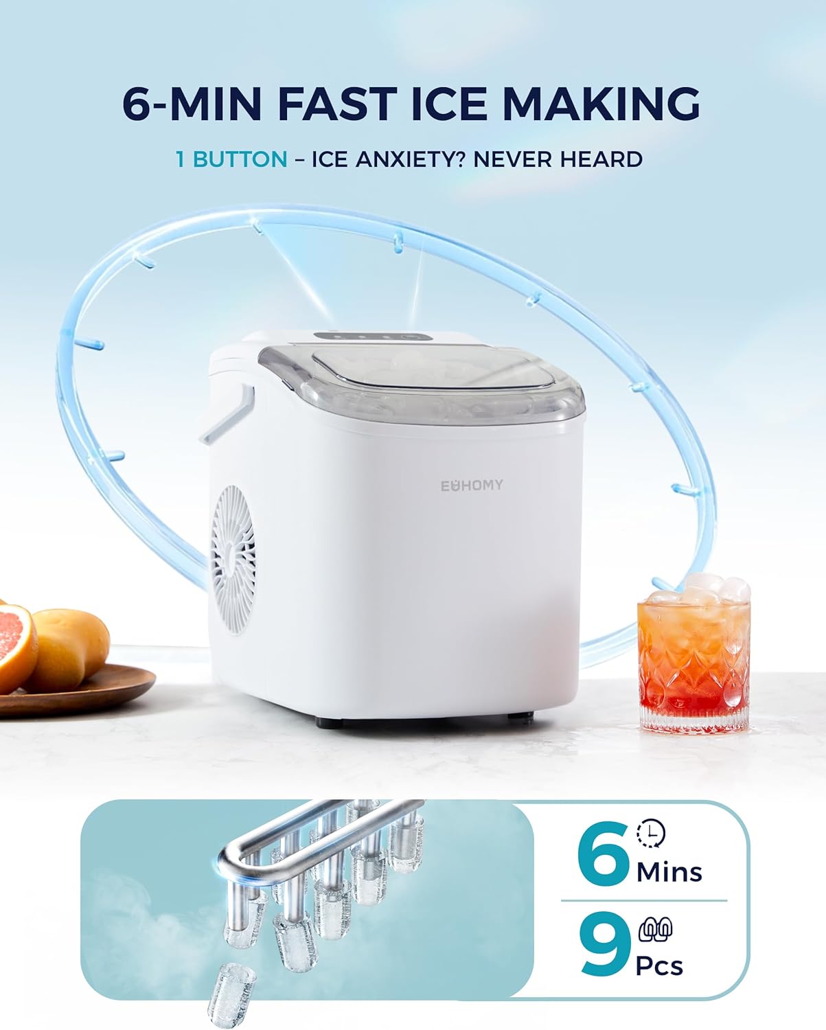 EUHOMY Countertop Ice Maker Machine with Handle, 26lbs Per Day, 9 Ice Cubes Ready in 6 Mins, Auto-Cleaning Portable Ice Maker with Basket and Scoop, for Home/Kitchen/Camping/RV (White)