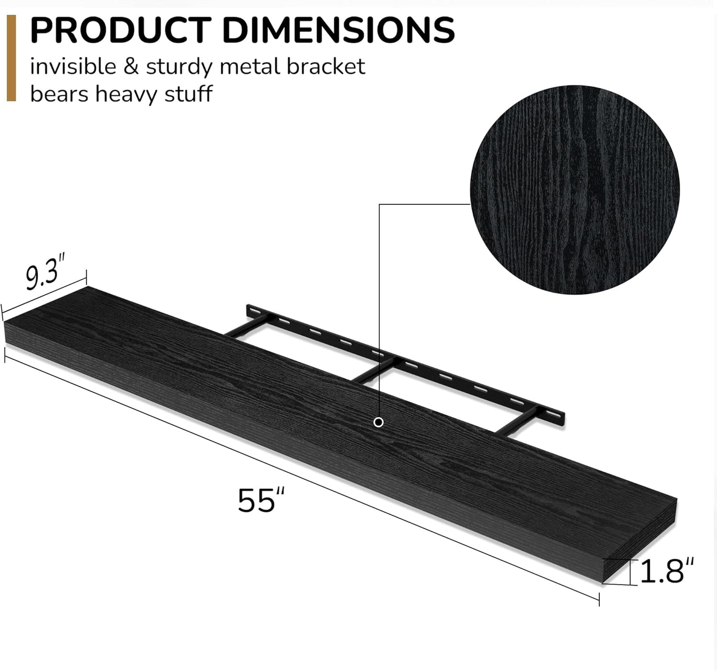 Fun Memories 55 Inch Floating Shelves - 9 Inch Deep Rustic Wooden Wall Shelves - Extra Deeper & Thicker Wall Mounted Storage Shelf for Living Room Kitchen Farmhouse - Rustic Black