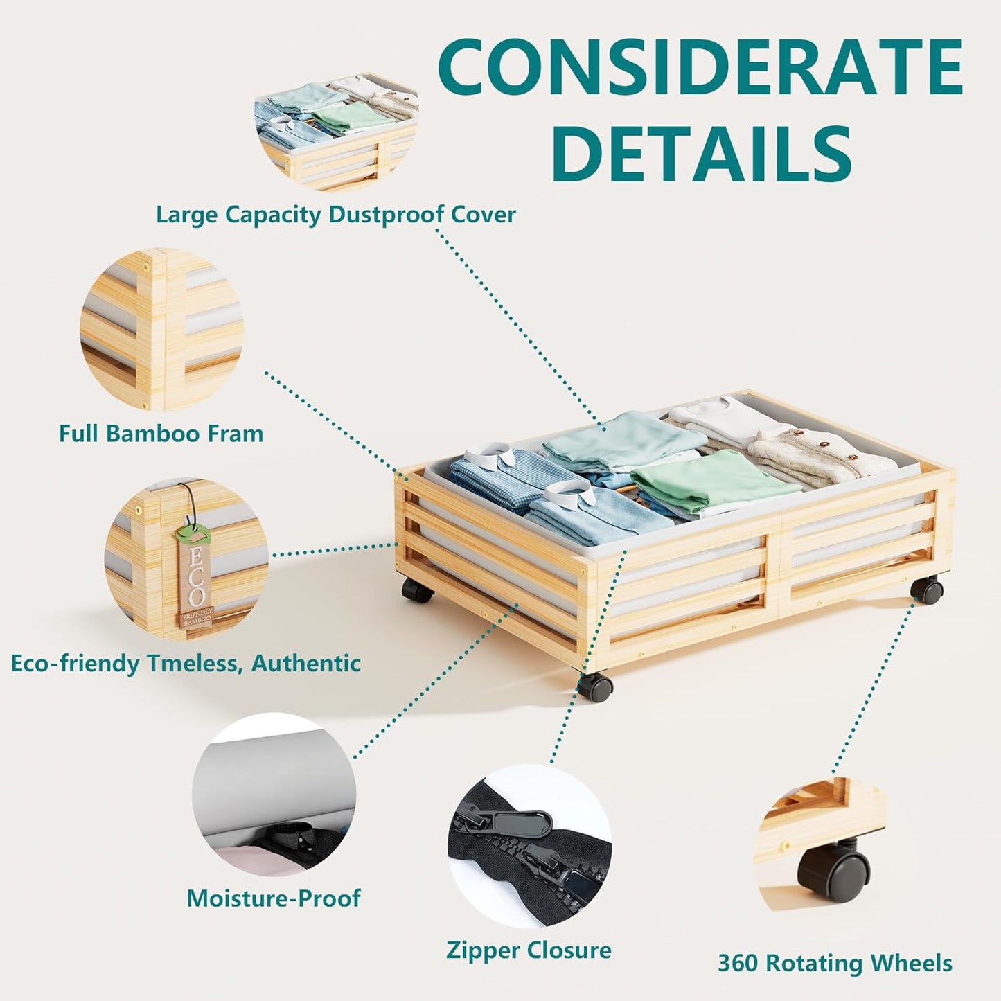 Bamboo Under Bed Storage Containers- Underbed Organizer with Wheels with Large Dust Bag,Sturdy Wood Rolling Under the Bed Shoe Storage Organizer Drawer 2 Packs (Nature, Small)