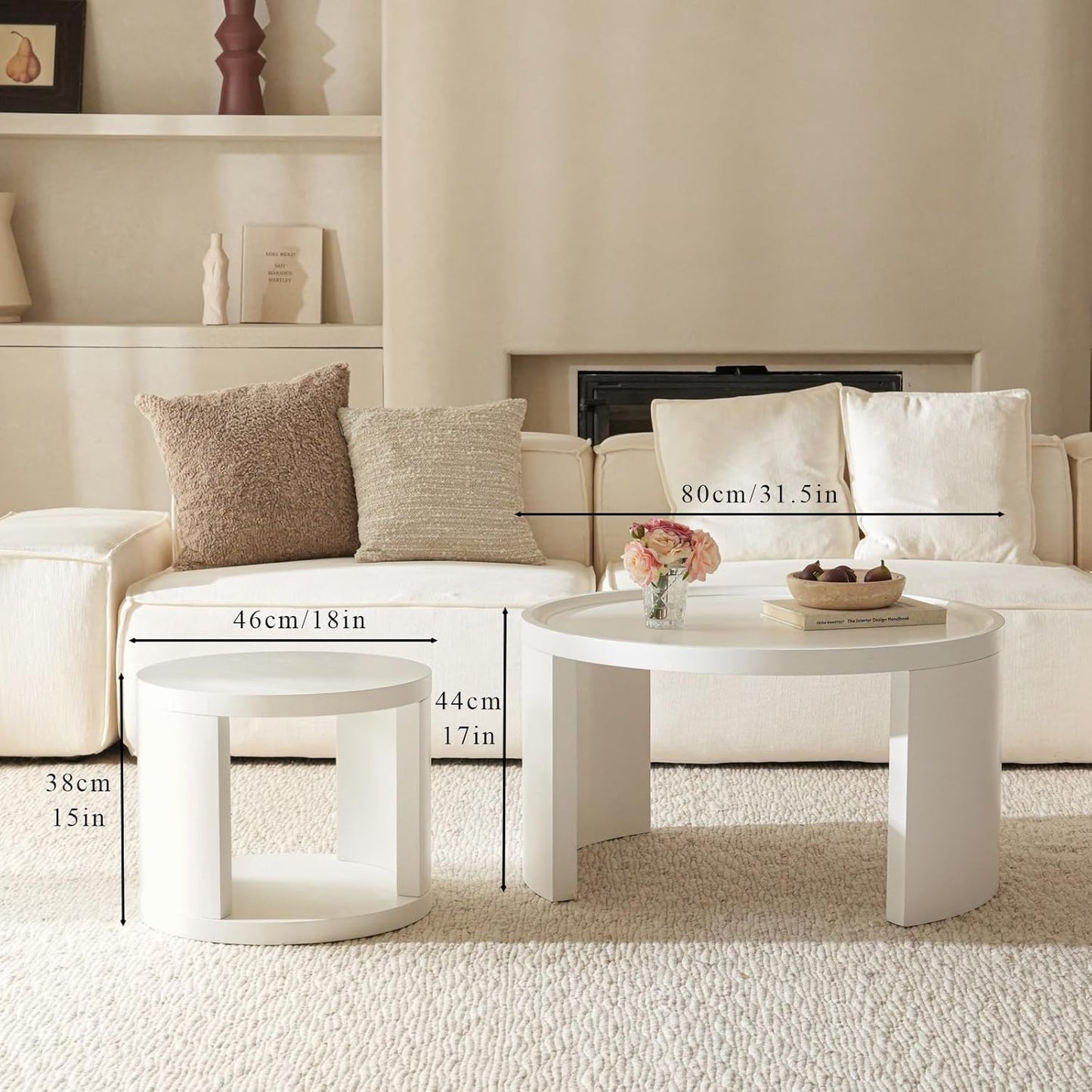 Round Nesting Coffee Table Set of 2,31.5" Large & 18" Small Low Tables with Wood Look Top,Space-Saving Side Tables for Living Room,Bedroom,Office,Minimalist Center Table Set (White, L+S)