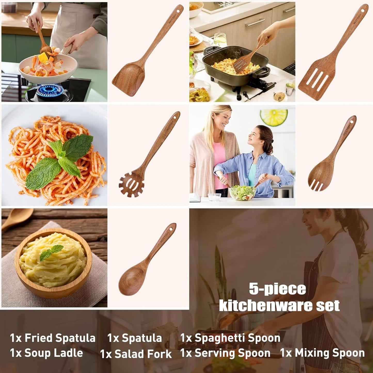 Wooden Spoons for Cooking - 5-Piece Wooden Kitchen Utensil Set made of Natural Solid Wood Material - Includes Salad Spoons, Spaghetti Spoon, Salad Fork, Flat Spatula,Slotted Spatula(A05)