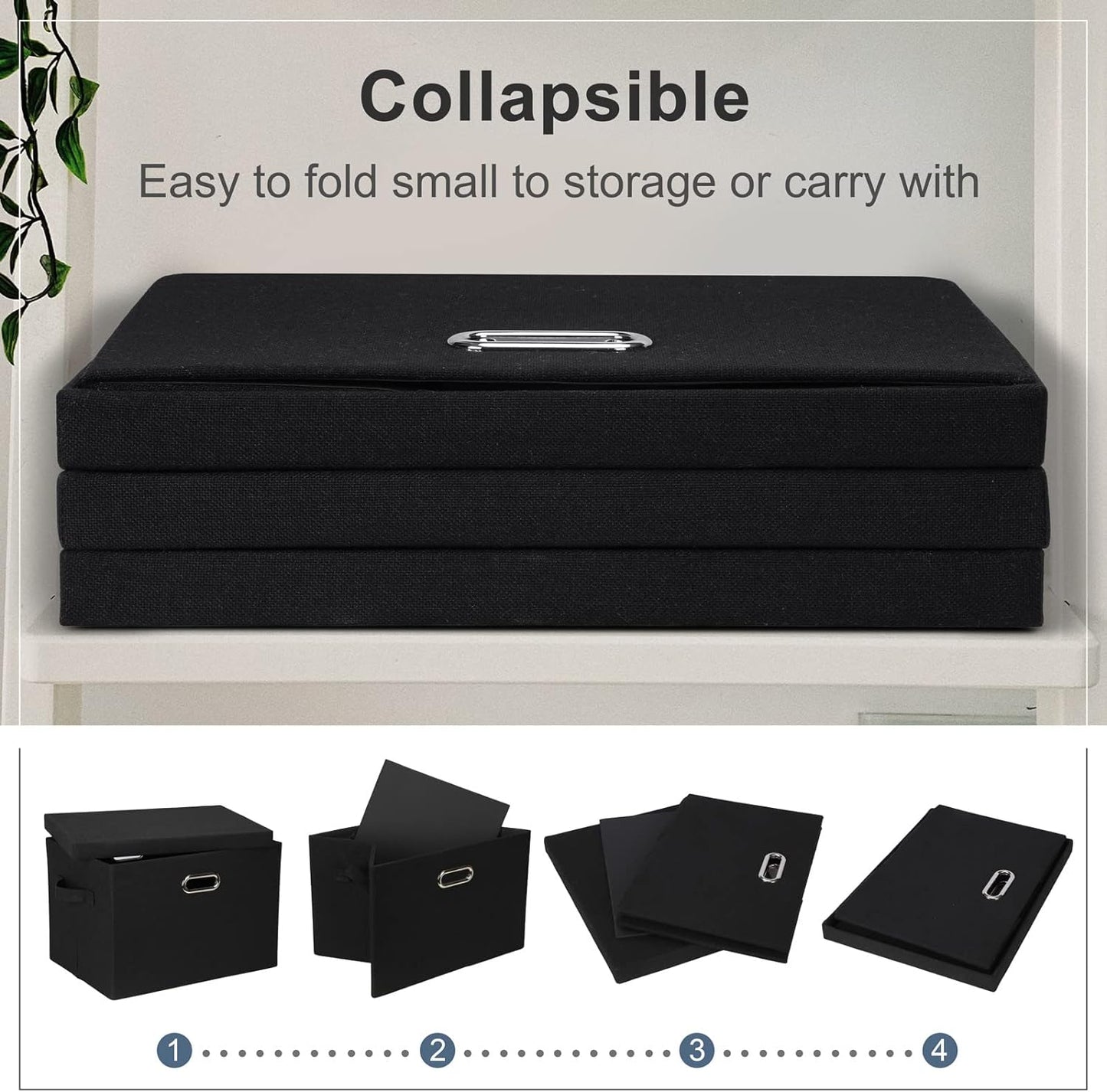 Large 17" 36 Quart Collapsible Stackable Storage Bins with Lids, 5 Packs Black Linen Fabric Closet Boxes with Lids, Storage Cube Baskets Container Organizers for Bedroom Office(17 x12 x11)