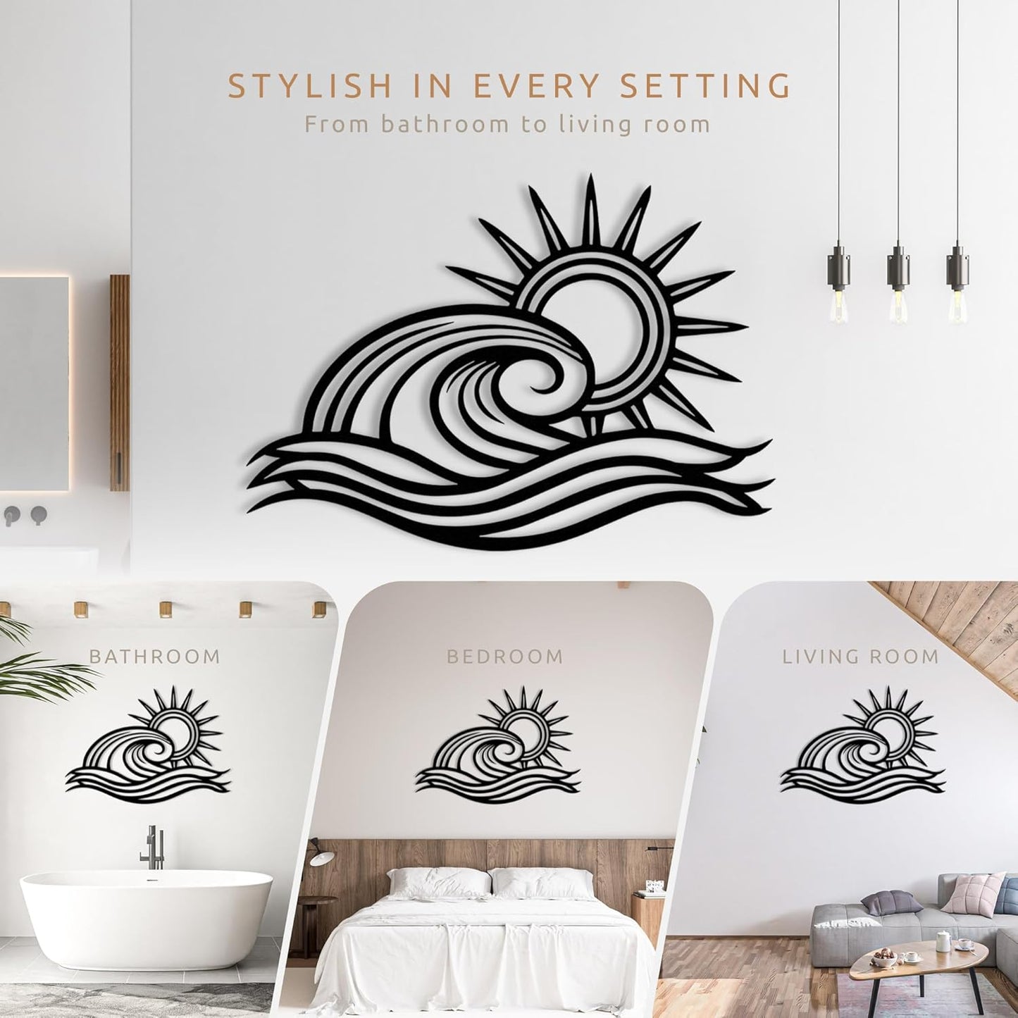 Wita Home Ocean Wave Metal Wall Art, Sun Beach Decor, Coastal Large Wall Sculpture for Home, Indoor/Outdoor Use, Nautical Wall Hanging, Eye-Catching Addition to Living Room (Black, 18 x 11 inches)