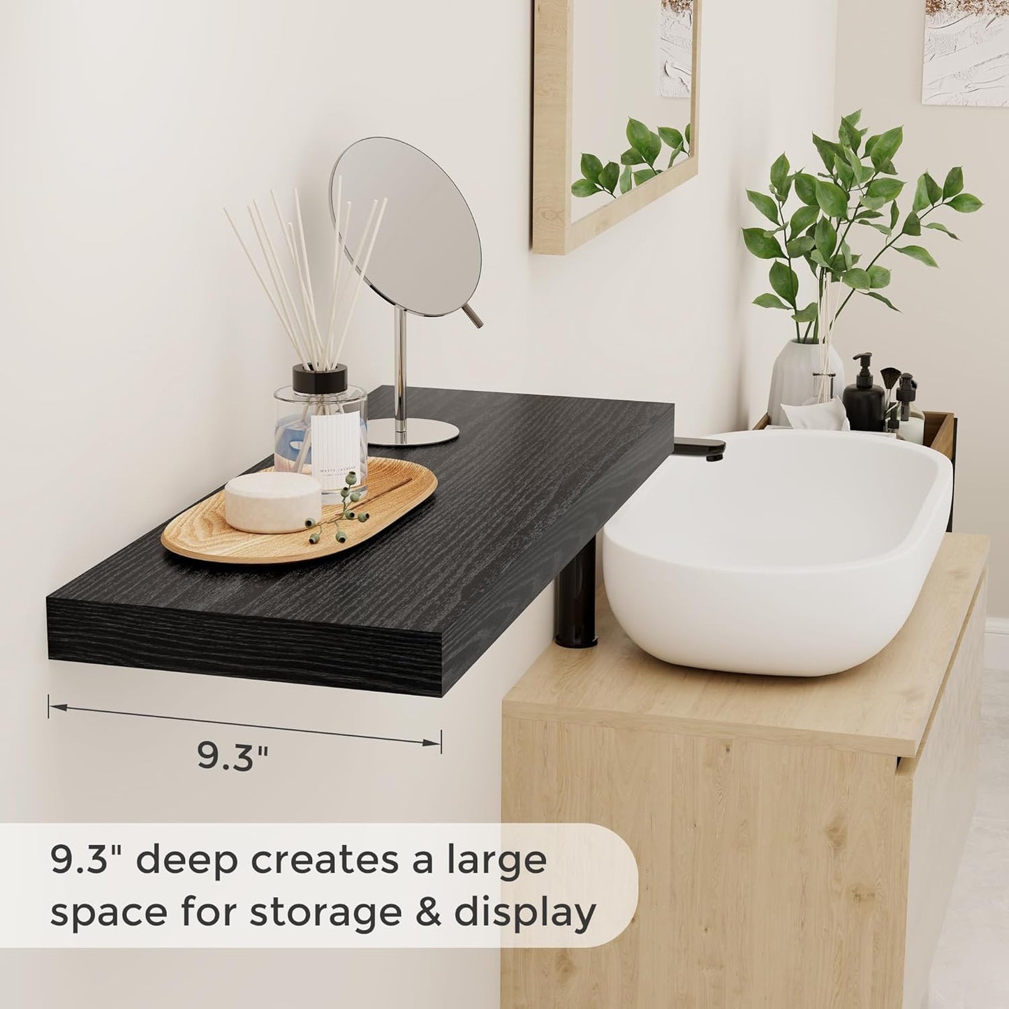 24 Inch Floating Shelves, Rustic 24 x 9 Black Floating Shelf for Wall, Black Bathroom Shelf Set of 2, Farmhouse Wood Wall Shelves for Bedroom, Kitchen, 9 Inch Deep Shelves for Home Storage