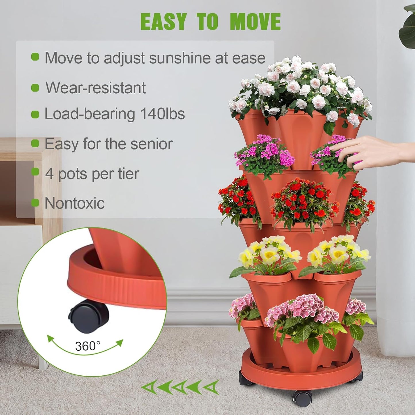 Vertical Strawberry Planter 5 Tier Stackable Tower Herb Planters Stacking Outdoor Garden Planters Pot with Tools Mover for Growing Flowers, Vegetables and Succulents