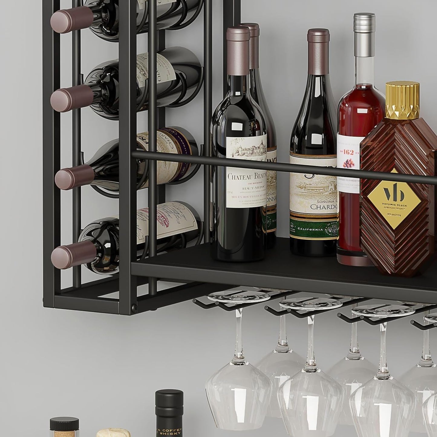 Wall Mounted Wine Rack, Wine Rack Wall Mounted with Wine Glass Rack, 2-Tier Multi-Functional Shelf for Home Restaurant Bar Storage Rack,Black (40”W x 9.8”D x 21.65”H)
