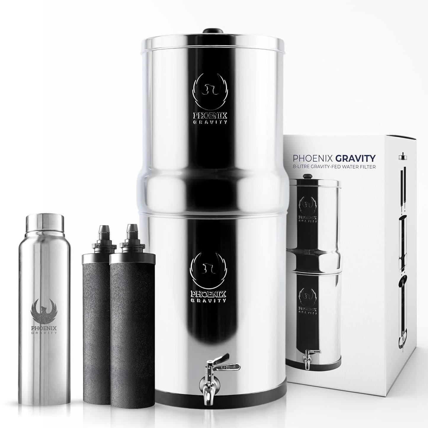 Gravity Water Filter System 2.25 Gallons NSF Certified - AISI 304 Stainless Steel Countertop Water Filtration with 2 Smart (Black) Carbon Filter Elements & Stainless Steel Water Spigot