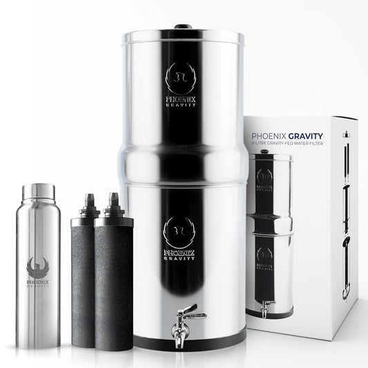 Gravity Water Filter System 2.25 Gallons NSF Certified - AISI 304 Stainless Steel Countertop Water Filtration with 2 Smart (Black) Carbon Filter Elements & Stainless Steel Water Spigot
